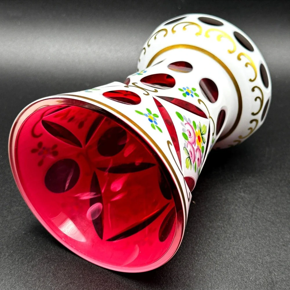 Vintage Bohemian Czech Ruby Cut to Clear White Overlay Floral Glass Vase 6